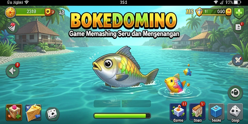 Screenshot gameplay BOKEDOMINO menunjukkan aksi memancing yang seru.