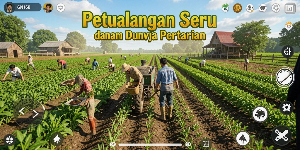 Screenshot gameplay yang menampilkan kebun yang subur dan tanaman yang siap panen.